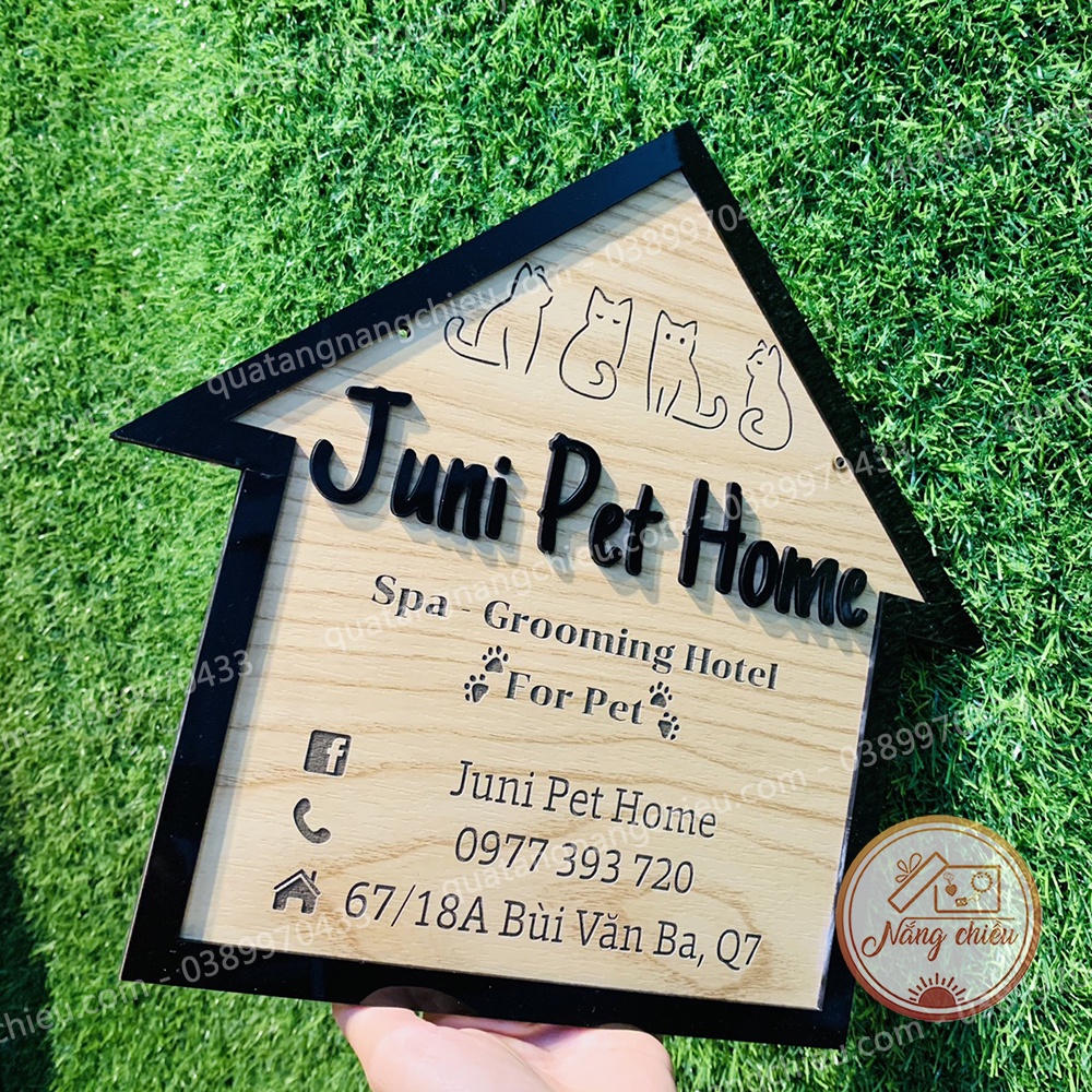 Biển gỗ decor cửa hàng thú cưng phong cách vintage - Khắc laser hiện đại - Size 27x27cm - Khung ngôi nhà
