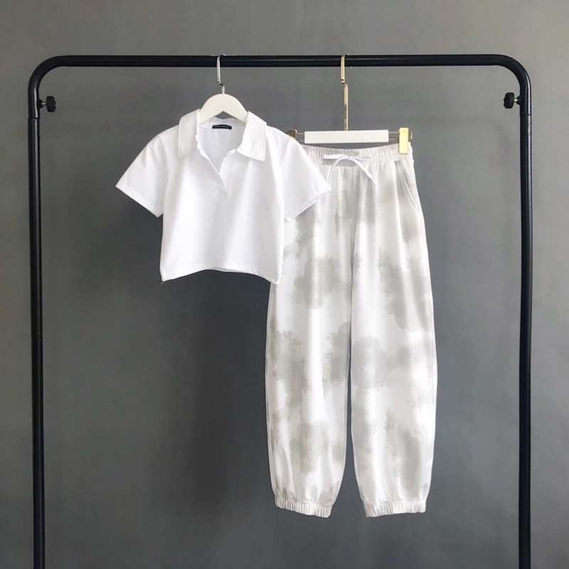 Bộ Thể Thao Loang Màu Áo Thun Cổ Bẻ Ảnh Thật