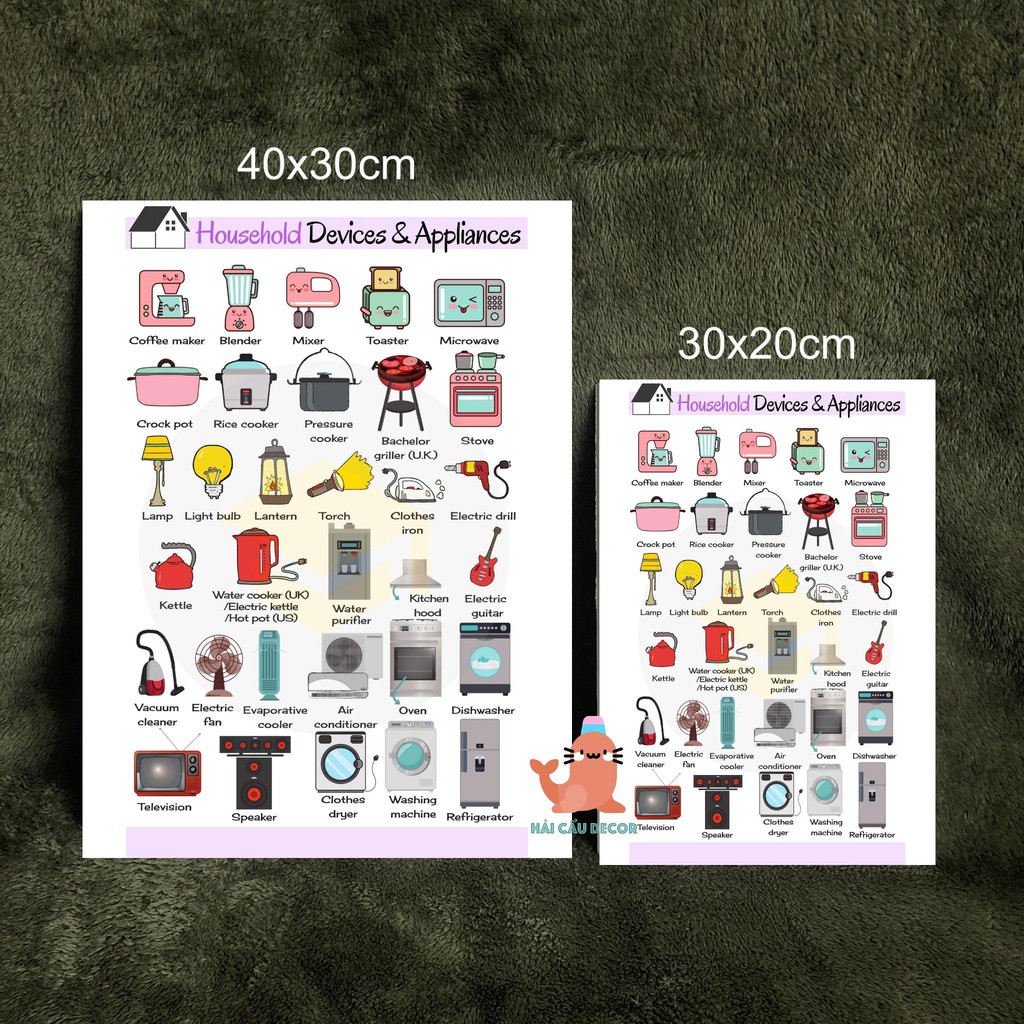 Tranh treo tường Bảng tiếng anh đồ dùng gia đình - Tranh treo không đinh - Household Devices