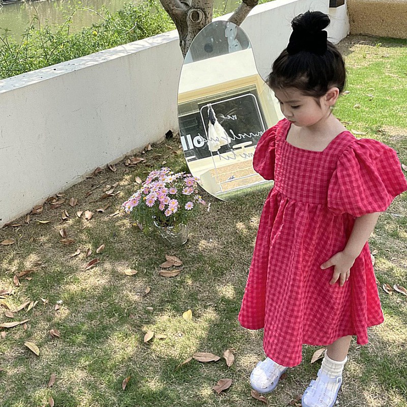 Đầm Công Chúa Tay Phồng Ngắn Cổ Vuông Thắt Nơ Họa Tiết Kẻ Ô Thời Trang Mùa Hè Hàn Quốc Dành Cho Bé Gái