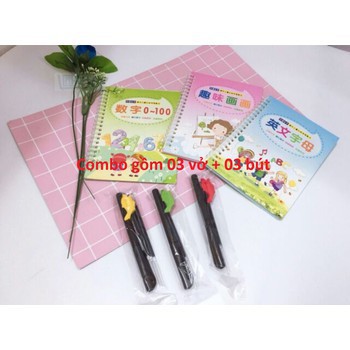 Bộ 3 vở tô màu tập viết tự xóa thần kỳ kèm bút cho bé [Giá sỉ]