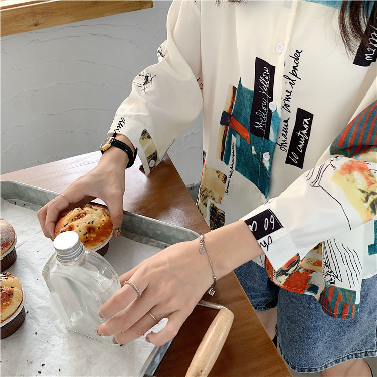 Áo Sơ Mi Tay Dài Form Rộng In Họa Tiết Phong Cách Retro Hàn Quốc