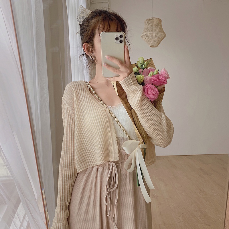 Xiaozhainv Áo Croptop Dệt Kim Tay Dài Màu Trơn Thời Trang Mùa Hè