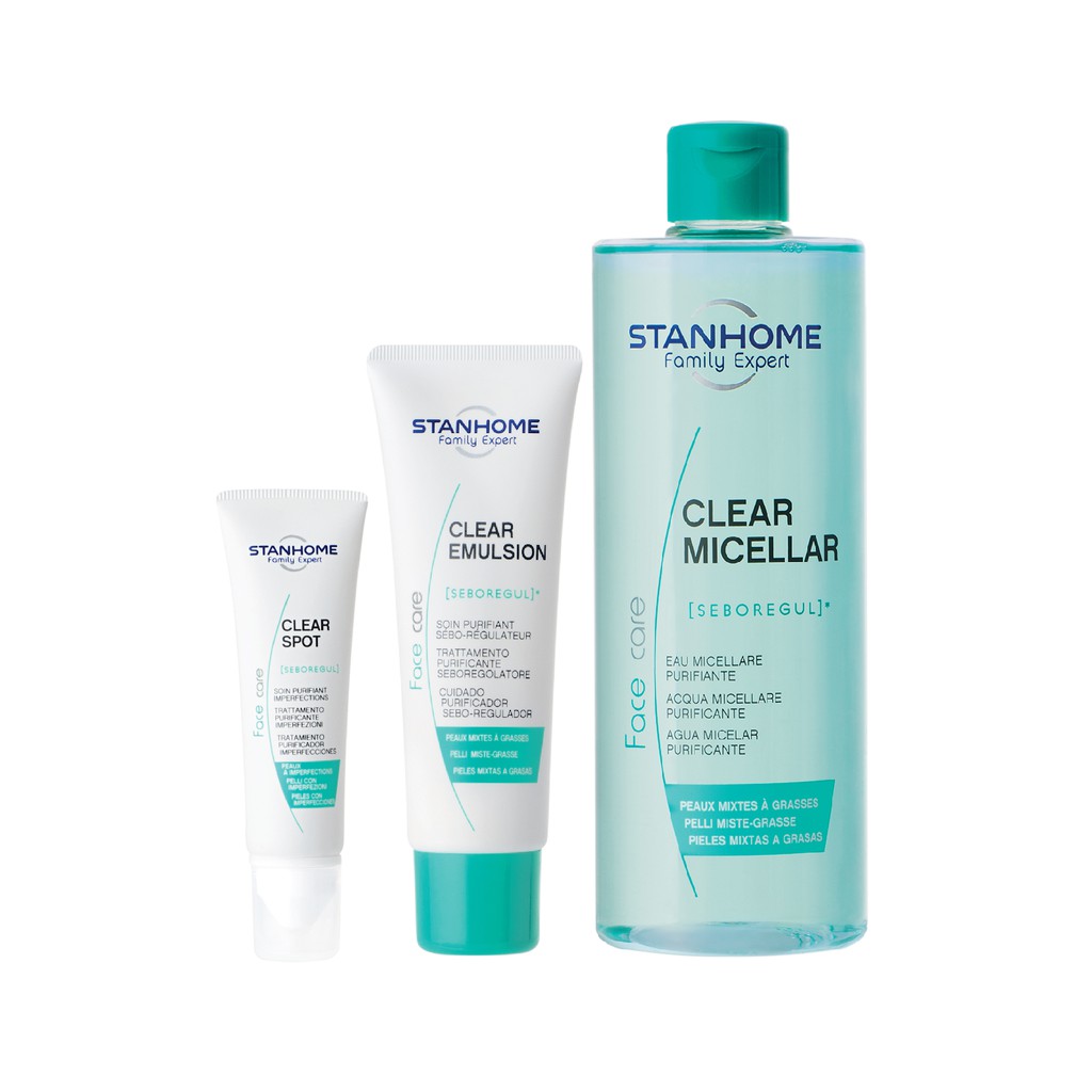 Bộ sản phẩm chăm sóc da dầu mụn toàn diện Stanhome clearmicellar 400ml &amp; clear emulsion 40ml &amp; clear spot 10ml