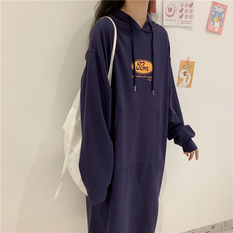 SUXI Đầm hoodie in hình dáng rộng thời trang Hàn Quốc