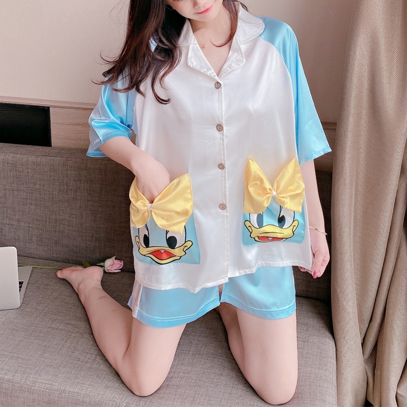 Xiaohan Korean Satin Sleepwear Set Loose Casual Shirt Style Pajamas for Women Cartoon Print Pyjamas Terno Nightwear Suit