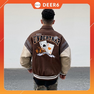Áo khoác bomber, Varsity jacket King Undertrap nam nữ thân dạ tay da lót trần bông màu nâu