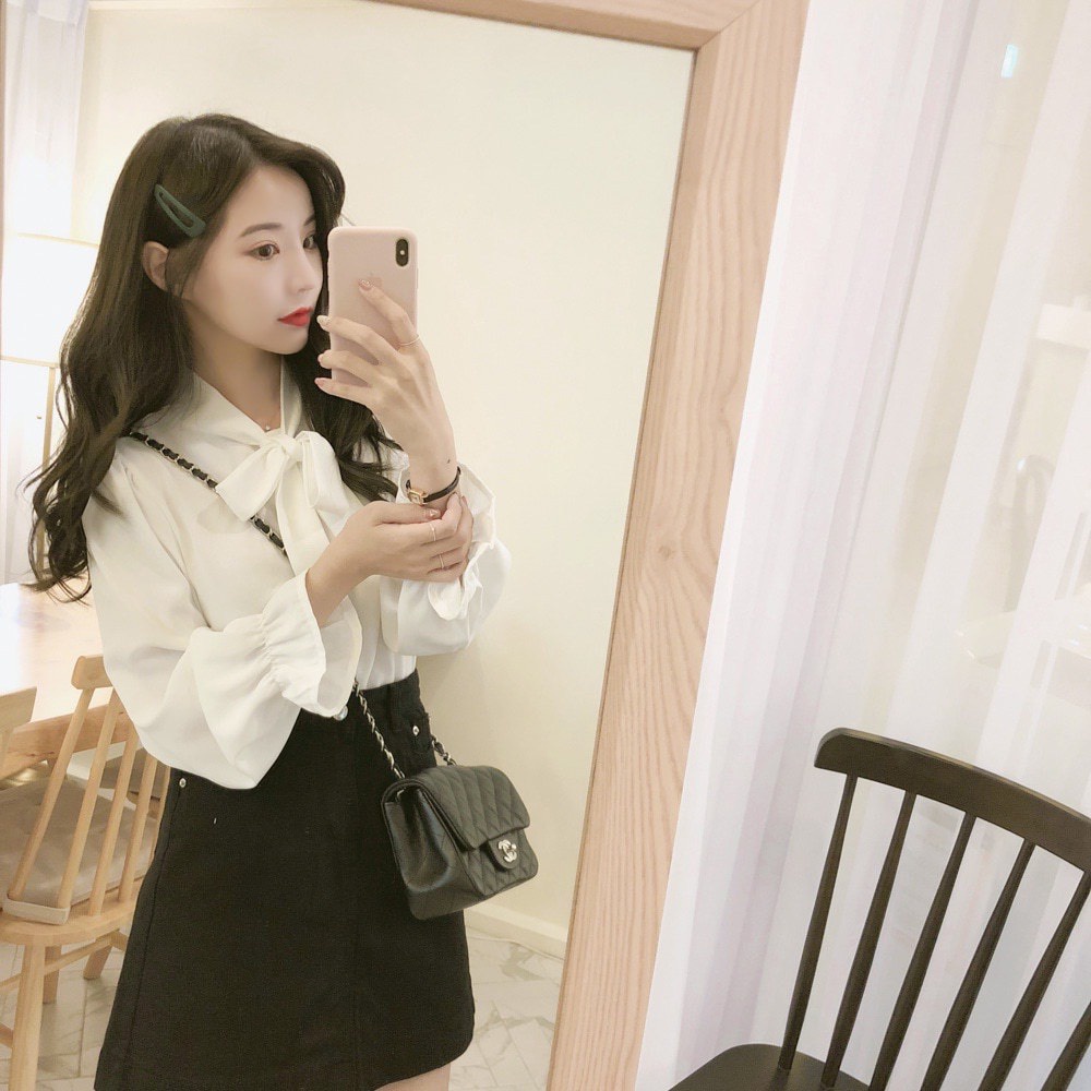 Áo Sơ Mi Thắt Nơ Cổ Chất Đũi Tay Bèo Hàn Quốc - Dáng Basic