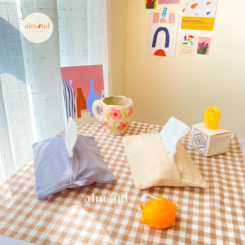 Hộp Đựng Khăn Giấy Handmade Túi Đựng Giấy Ăn Bằng Vải Linen Phong Cách Tối Giản Nhật Bản - Màu Xám/Kem almondconcept