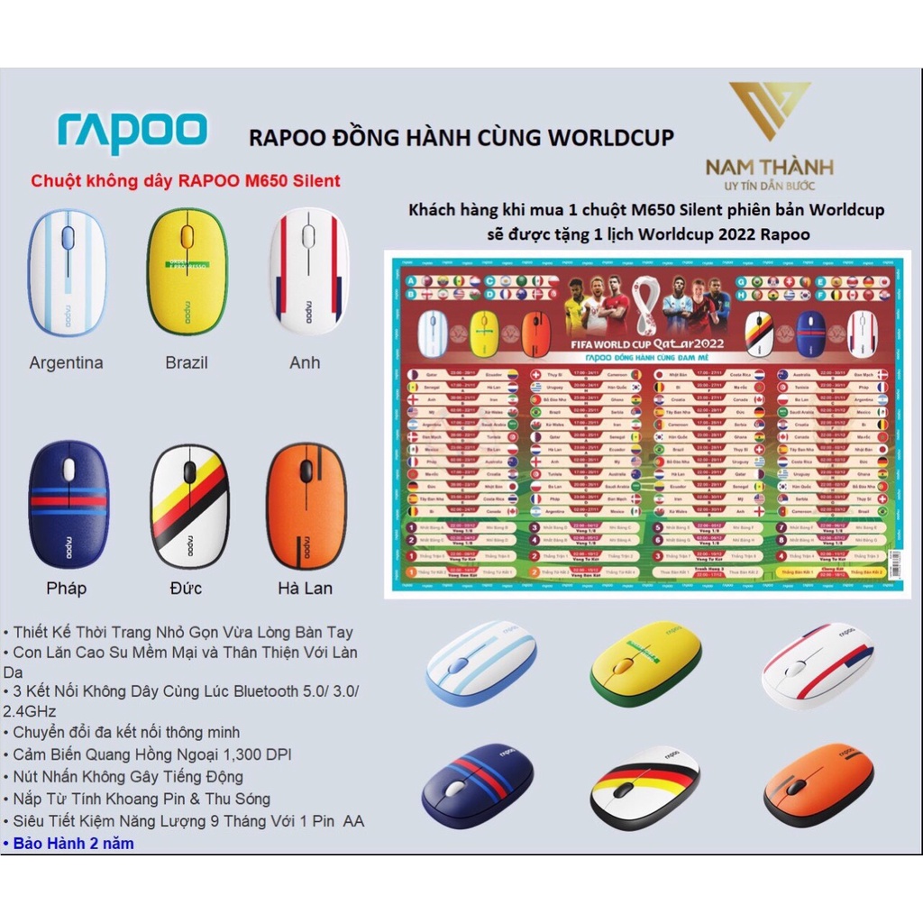 Chuột không dây Rapoo M650 Silent Bluetooth phiên bản WorldCup Tặng lịch số lượng có hạn - Hàng chính hãng
