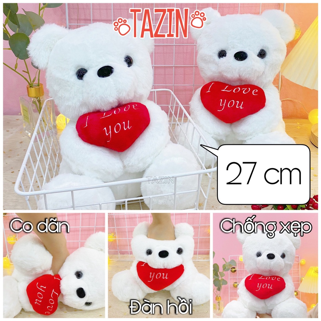 Gấu bông Teddy trắng ôm tim love đáng yêu, Teddy bông ôm tim love cute xinh xắn cao cấp TAZIN