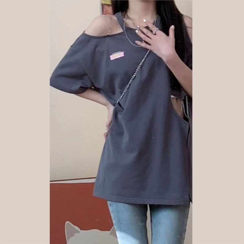 Áo Thun Tay Ngắn Xẻ Tà In Hình Trái Tim Phong Cách Hàn Quốc Cho Nữ