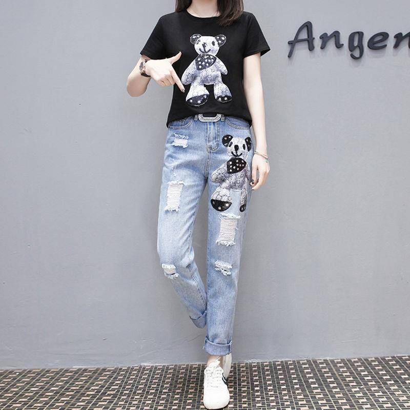 Set Áo Thun + Quần Jean Dài Đính Kim Sa Họa Tiết Hoạt Hình Thời Trang Mùa Hè 2022