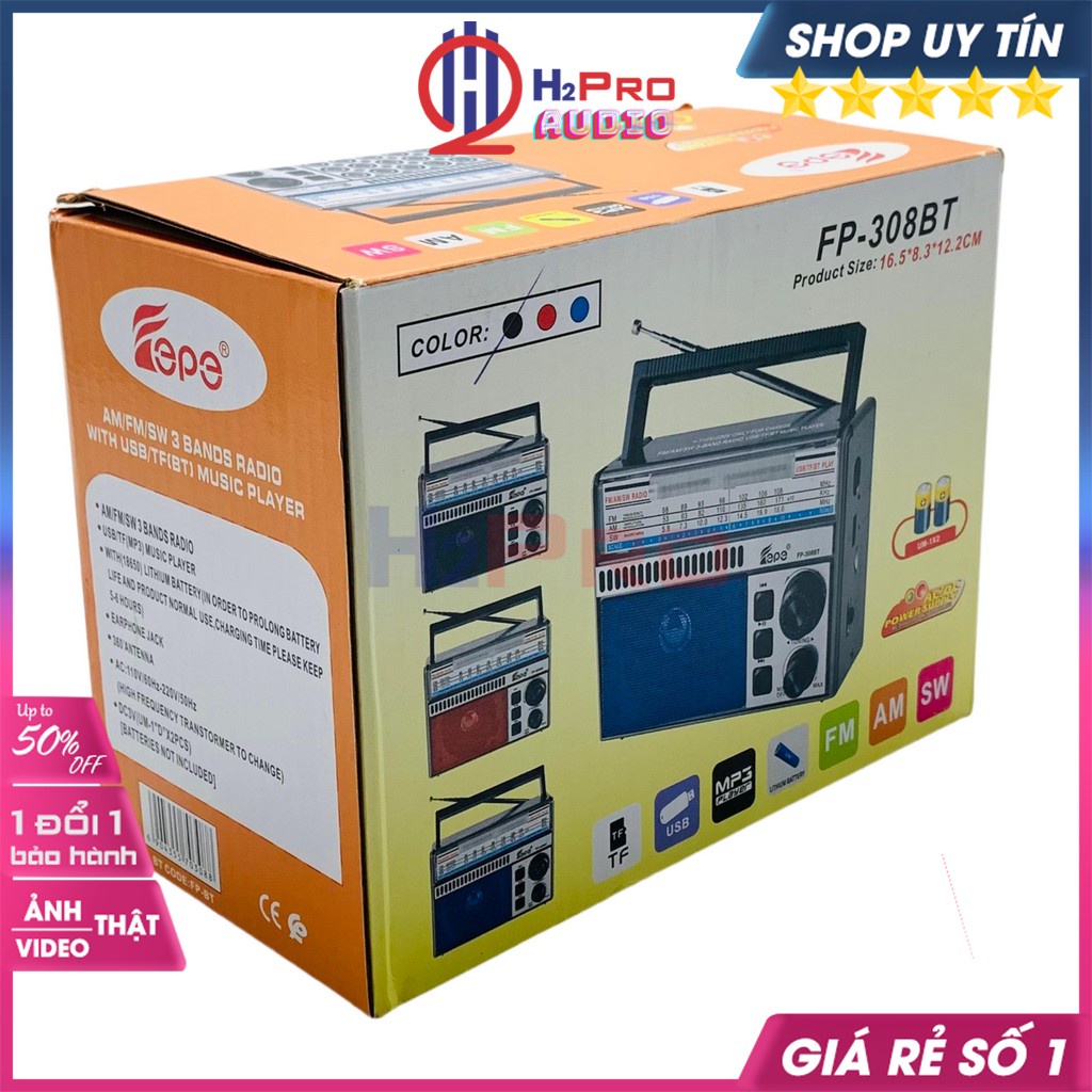 Đài Radio Fm-Am-Sw, Máy Nghe Nhạc Bluetooth Fepe Fp-308BT Cao Cấp Mp3-Usb-TF-Aux, Quà 50k Pin Sạc-H2Pro Audio