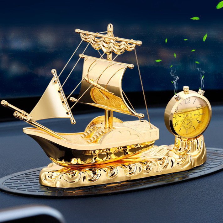 Sản Phẩm Mô hình thuyền buồm "thuận buồm xuôi gió" tích hợp đồng hồ và nước hoa cao cấp trang trí trên ô tô, bàn làm việ