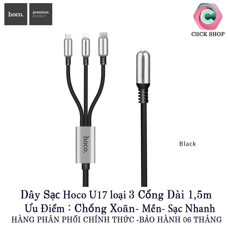 Cáp Sạc Hoco U17 có 3 loại 1 đầu iphone 2 đầu micro và iphone 3 đầu Capsule Iphone - Micro usb - Type C Dài 1.5M dây dù