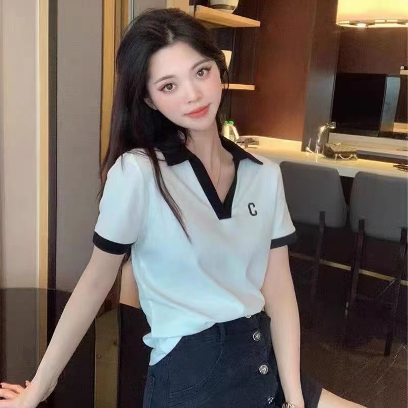 Áo polo Tay Ngắn Cổ Chữ V Thêu Chữ C Màu Sắc Tương Phản Phong Cách Hàn Quốc Thời Trang Mùa Hè 2022 Dành Cho Bạn Nữ