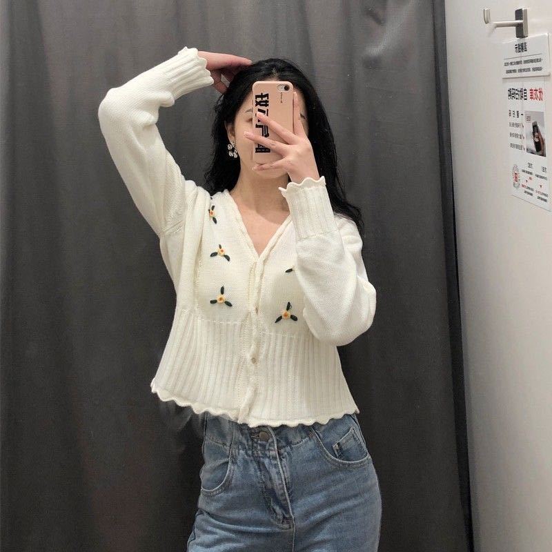 Áo Khoác Cardigan Cổ Chữ V Thêu Họa Tiết Phong Cách Retro Hàn Quốc Cho Nữ Giới