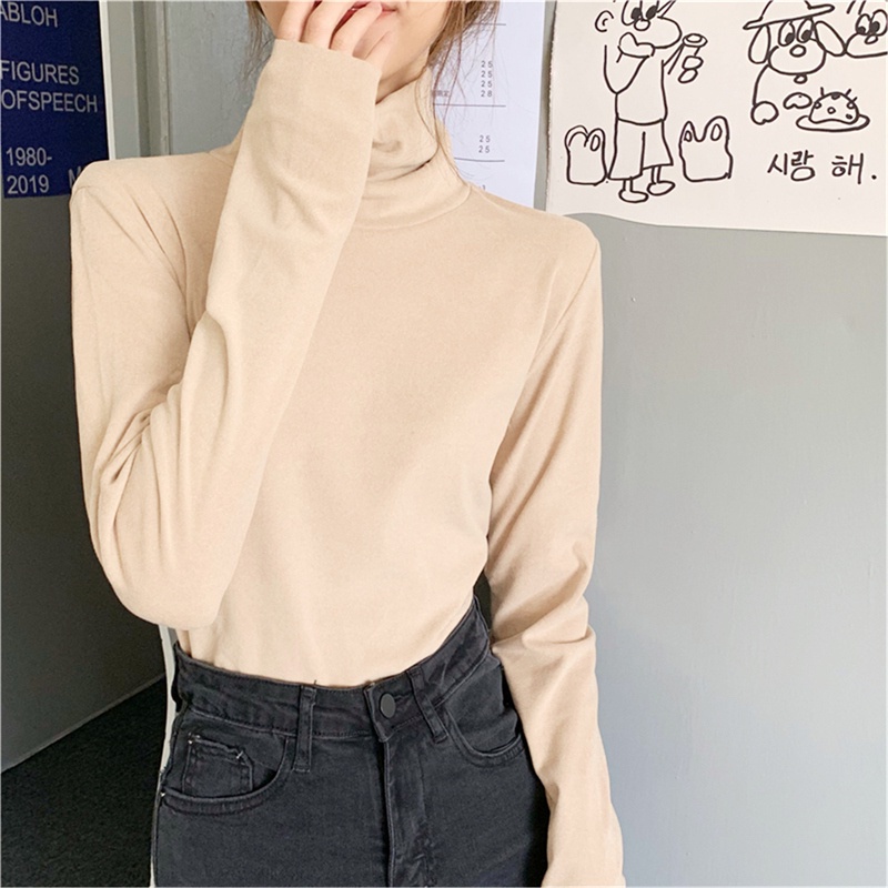 SUXI Áo Thun Dài Tay Cổ Cao Màu Sắc Đơn Giản Cho Nữ