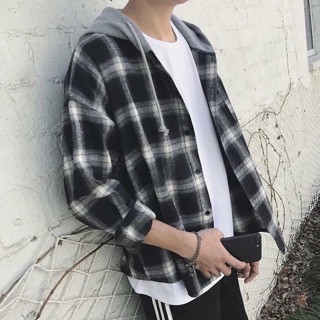 Áo FLANNEL Xám  + Đỏ Có Nón