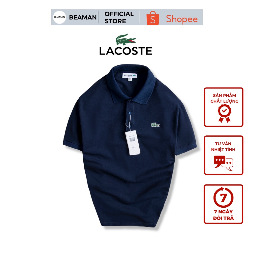 Áo Polo Nam Có Cổ Lacoste Cá Sấu Trơn Màu Xanh Than Chất Vải Cotton 100% Co Giãn 4 Chiều Logo Đẹp Full Tem Tag