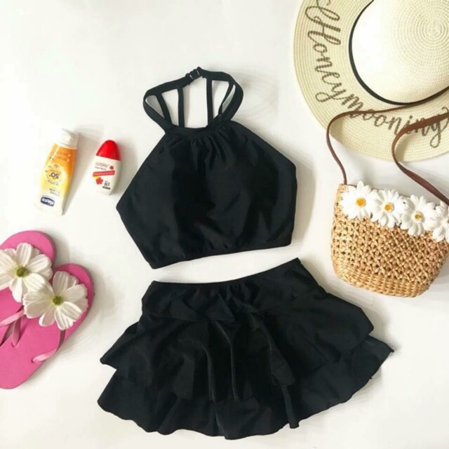 Bikini đi biển 2 mảnh váy quần short - Đồ bơi nữ áo yếm cạp cao che bụng- Shopnabi SET_VAY2TANG