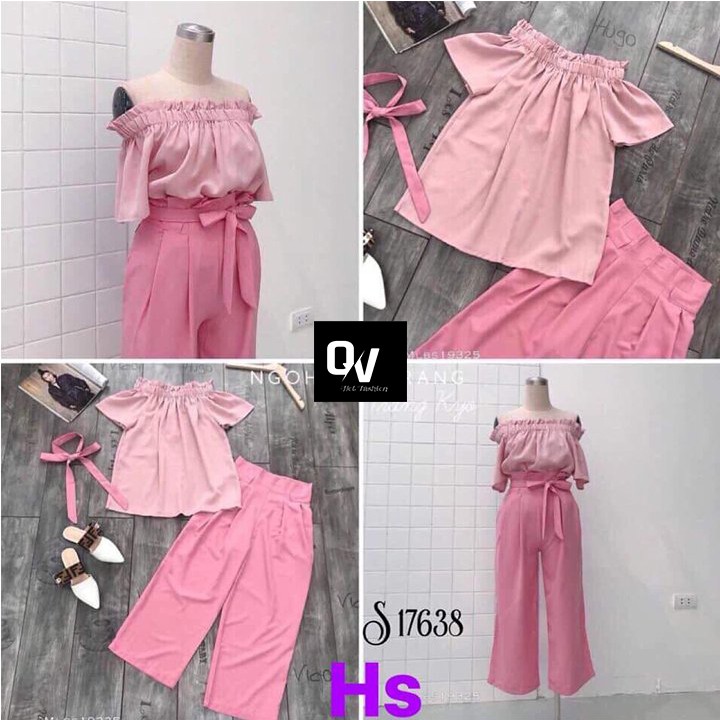 Sét bộ trễ vai hồng áo trễ vai quần ống xuông kèm dây lưng chất liệu lụa mềm - HÀNG XỊN - SHOPQV