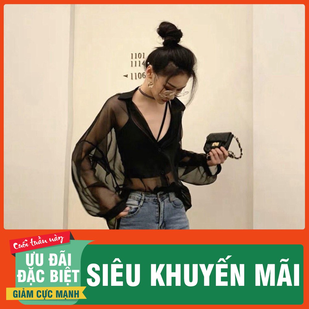 1131A35B1 Áo sơ mi voan tay dài phom rộng, không lót, kiểu dáng sexy cá tính