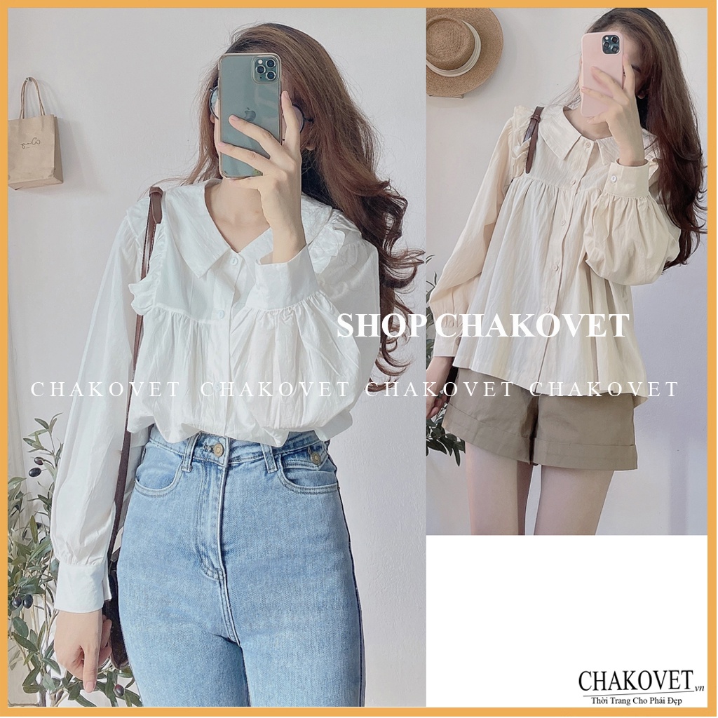 Áo sơ mi nữ dài tay form rộng CKA872, kiểu áo nữ cổ bẻ dáng babydoll trắng tiểu thư vai bèo mặc đi làm, đi học, đi chơi