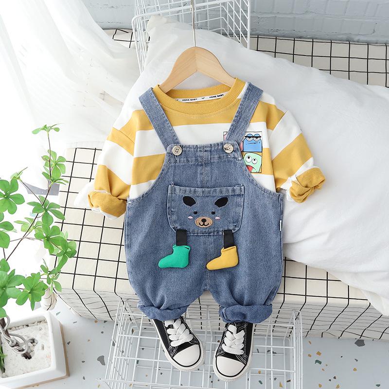 Set áo sọc vàng kèm yếm jean cho bé trai 1 2 3 4 5 tuổi MINTSCLOSET Mint's Closet họa tiết con chó - YE5065