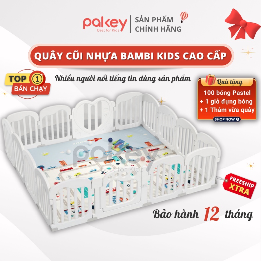 Quây cũi nhựa Pakey Bambi Kids xuất Âu CAO 65CM, Tặng kèm 100 bóng + thảm dày, sản phẩm độc quyền New Sun Babies