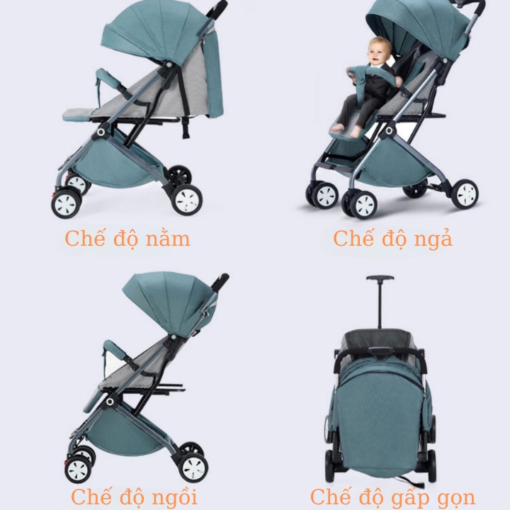 Xe đẩy cho bé gấp gọn, siêu nhẹ. Xe đẩy em bé 3 tư thế: ngồi, ngả, nằm kèm đệm ngồi, lót chống thấm, màn chống côn trùng