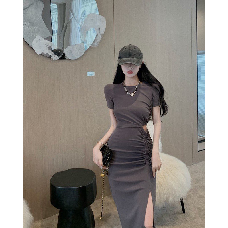 Đầm dài xẻ tà nhấn eo độc đáo thiết kế xếp ly phong cách Hàn Quốc thời trang mùa hè cho nữ 2021