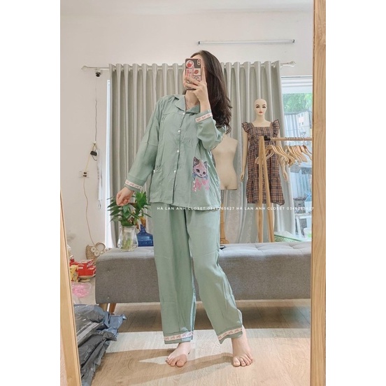 Bộ Bầu Pyjamas Mặc Nhà, Đồ Bầu Sau Sinh Mở Cúc Cho Con Bú và Quần Chun Chỉnh Bụng, Dài Tay