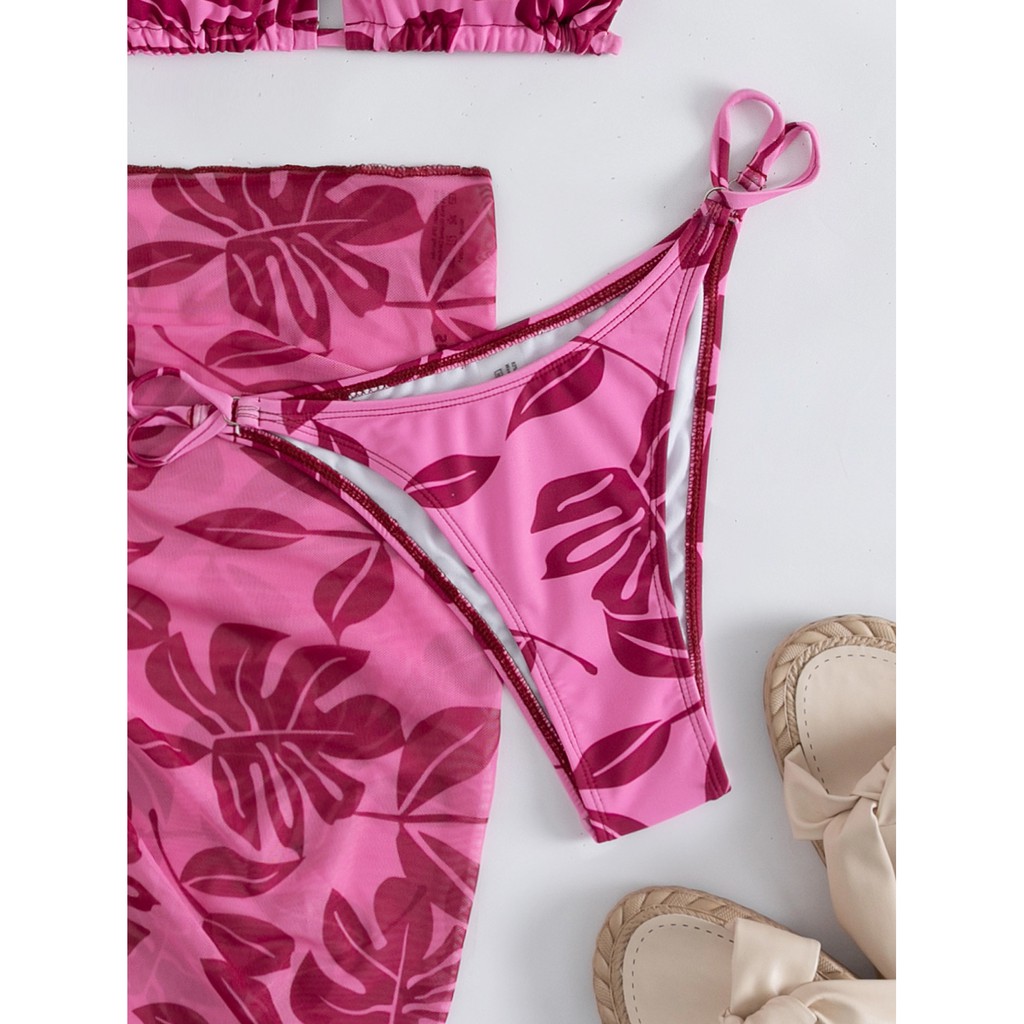 [BKN1265] &lt;ÂU&gt; SET BIKINI 3 MÓN HỒNG LÁ KÈM KHĂN HÔNG