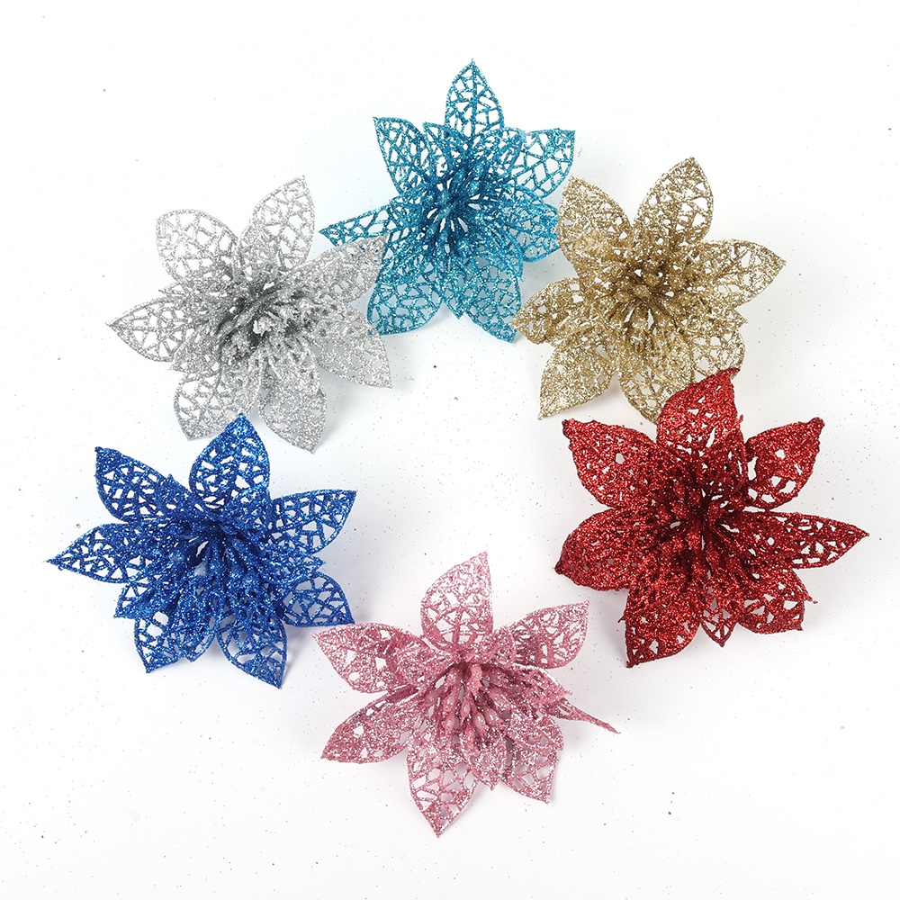 Set 5 bông hoa giả 7cm nhiều màu sắc lấp lánh dùng trang trí cây thông giáng sinh
