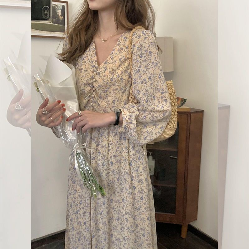 Đầm Chiffon Tay Phồng Dài In Họa Tiết Hoa Phong Cách Pháp Thời Trang Mùa Đông Cho Nữ