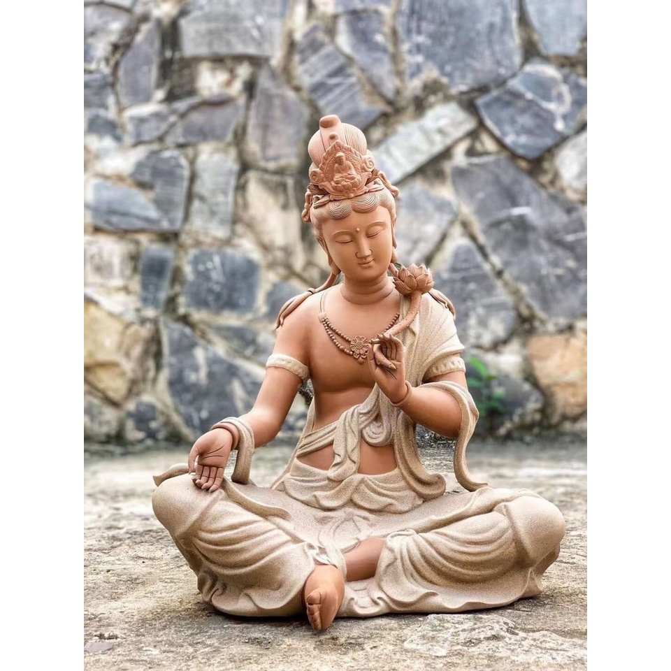 Tượng Quan Âm Đại Thế Chí Bồ Tát gốm tử sa cao cấp- tượng phật trang trí decor không gian thiền tịnh