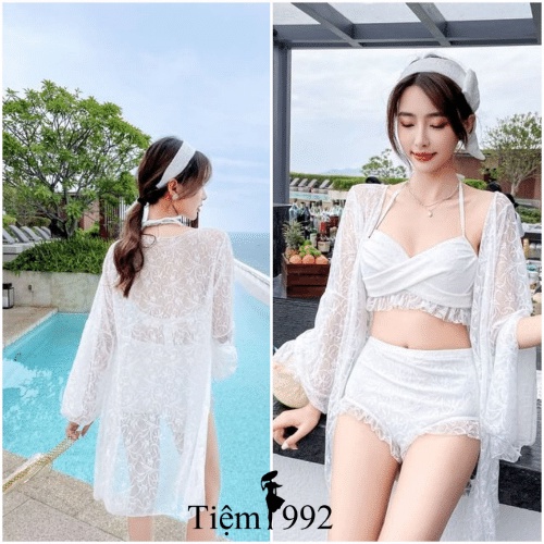 Set bikini 3 món có áo choàng ren sang chảnh hàng quảng châu không lộ bụng