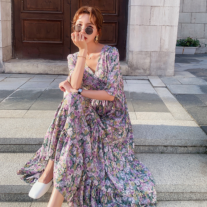 Đầm Nữ Dáng Dài Màu Tím In Hoa Thời Trang Mùa Hè 2021