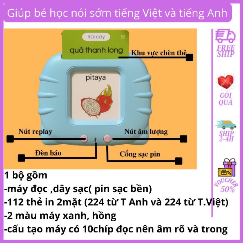 Máy đọc thẻ Flashcard tiếng anh việt song ngữ 12 chip giọng chuẩn hay có 224 từ tiếng Anh và 224 từ tiếng Việt