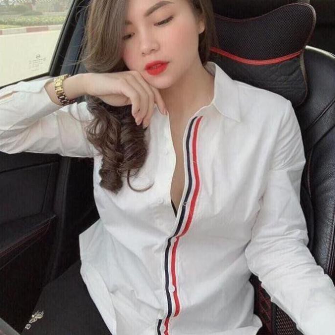 Áo Sơ Mi Nữ viền sọc đỏ đen Dài Tay In Họa Tiết 3D Thời Trang Cao Cấp Kiểu Hàn Quốc Cá Tính màu trắng VMT5