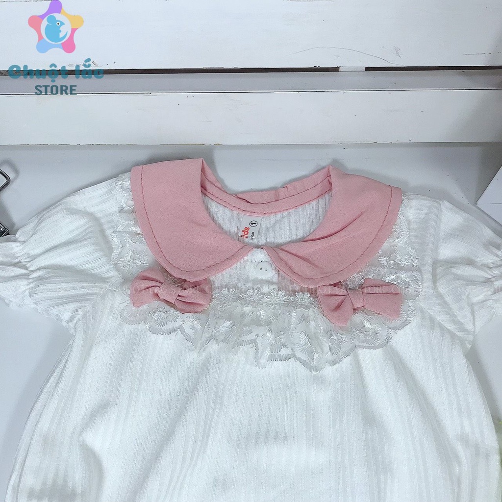 Đồ Bộ Body Cho Bé Gái Sơ Sinh Chuột Lắc Store Chất Cotton Len Cổ Sen Viền Ren Kèm Mũ Màu Hồng, Trắng