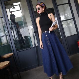Chân váy denim dài một hàng nút