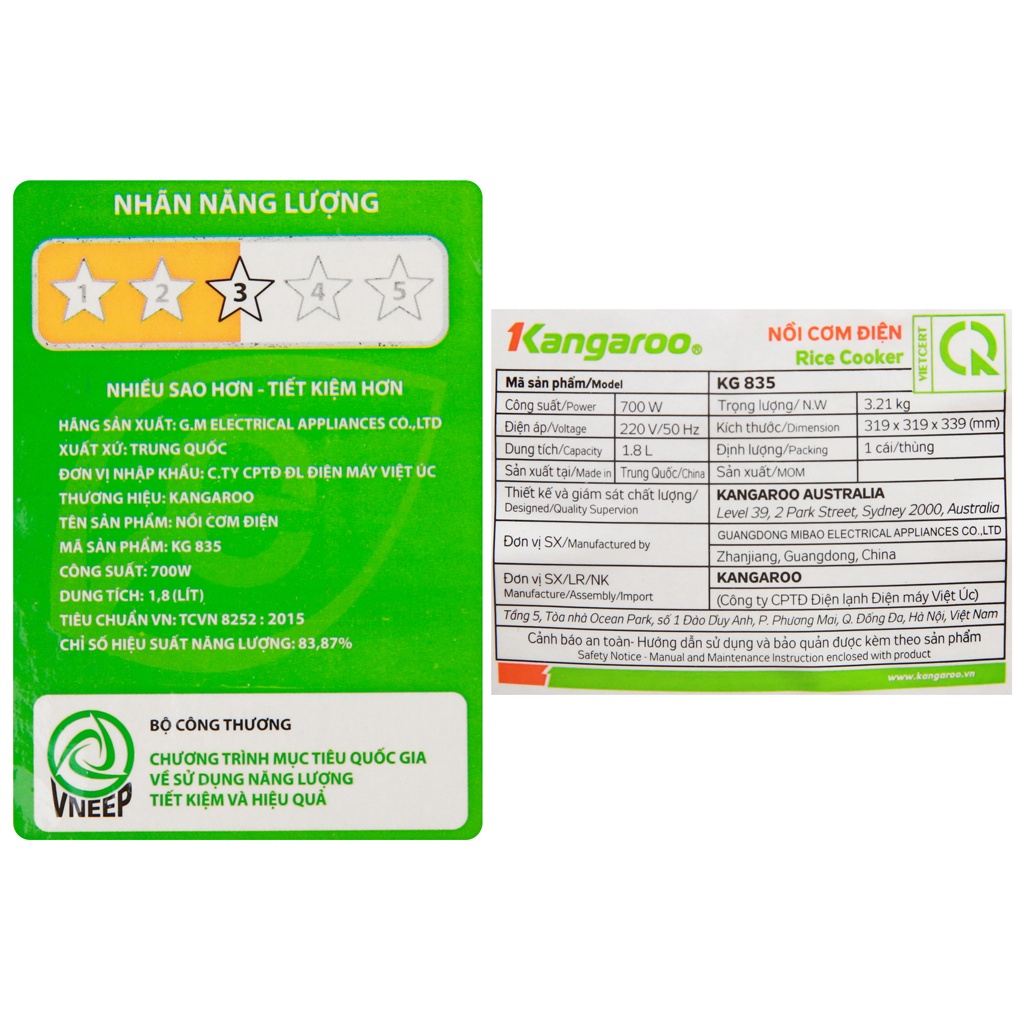 Nồi cơm điện nắp gài Kangaroo KG835 1.8 lít 700 W lòng nồi chống dính - Chính hãng BH 12 tháng