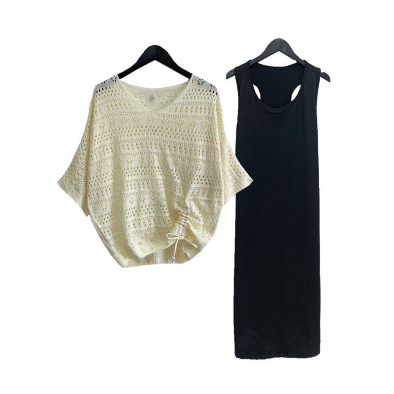 Bộ Áo Sơ Mi Dệt Kim Dáng Dài + Đầm Hai Dây Màu Trơn Thời Trang Mùa Hè Hàn Quốc Cho Nữ