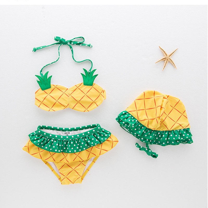 Bộ Bikini In Hình Quả Dâu Tây Và Dứa Kèm Mũ Đi Biển Cho Bé