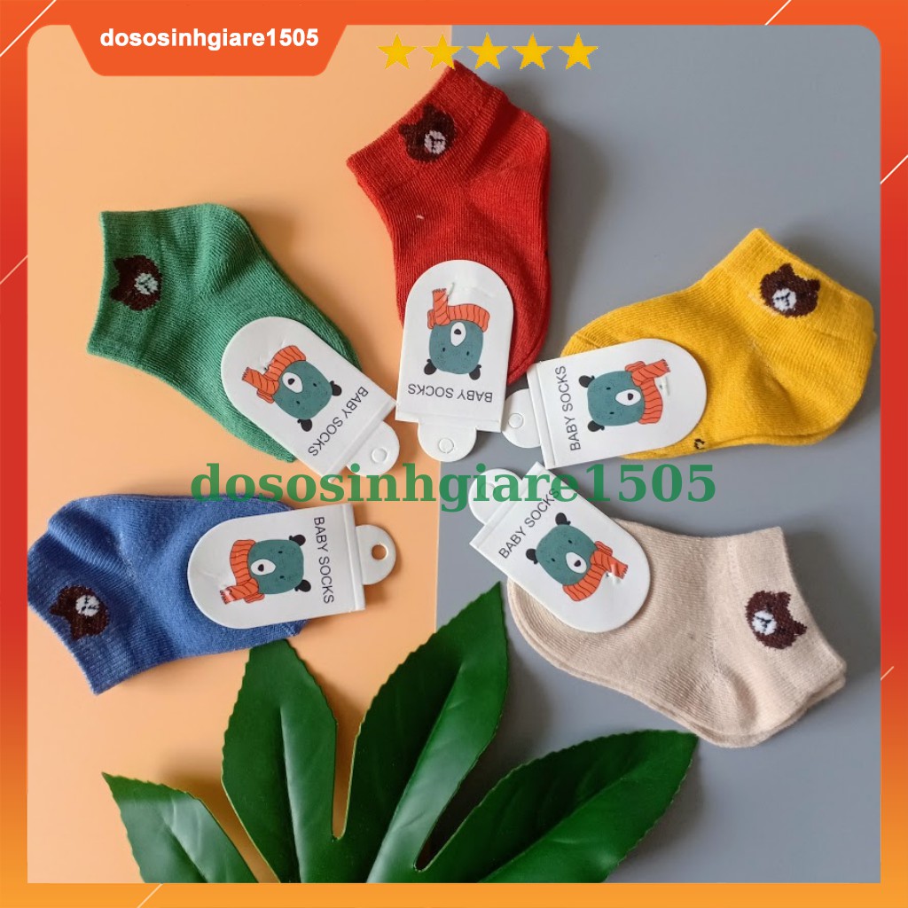 Set 5 đôi vớ len cotton màu mẫu gấu size 0-12 tháng/ Tất sơ sinh em bé mềm mịn