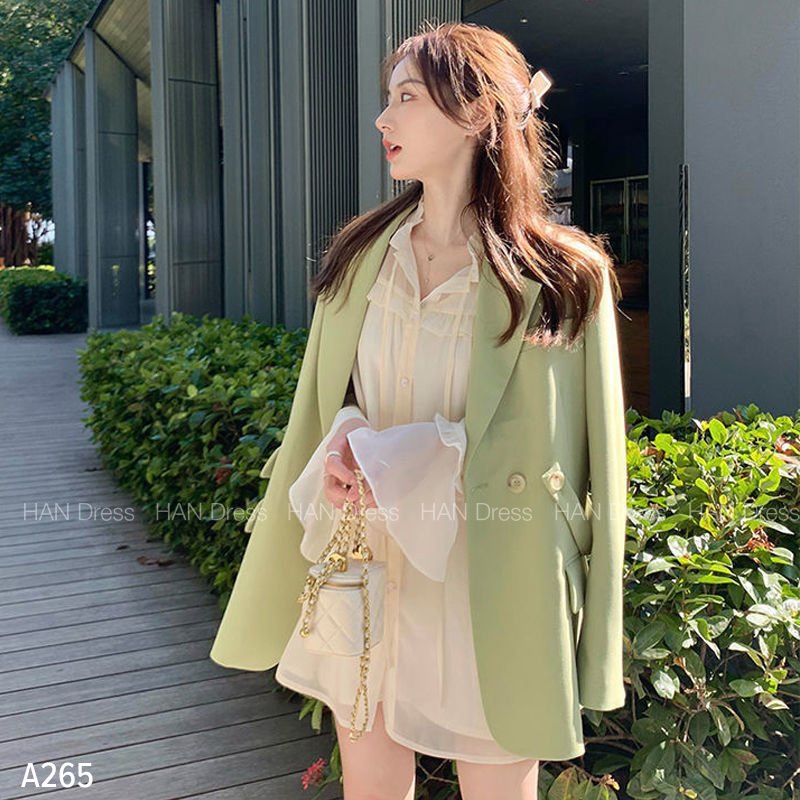 Áo blazer tay dài nữ xanh mint 2 lớp chất đứng form khoác ngoài đi chơi đi làm style Hàn Quốc phong cách công sở A265