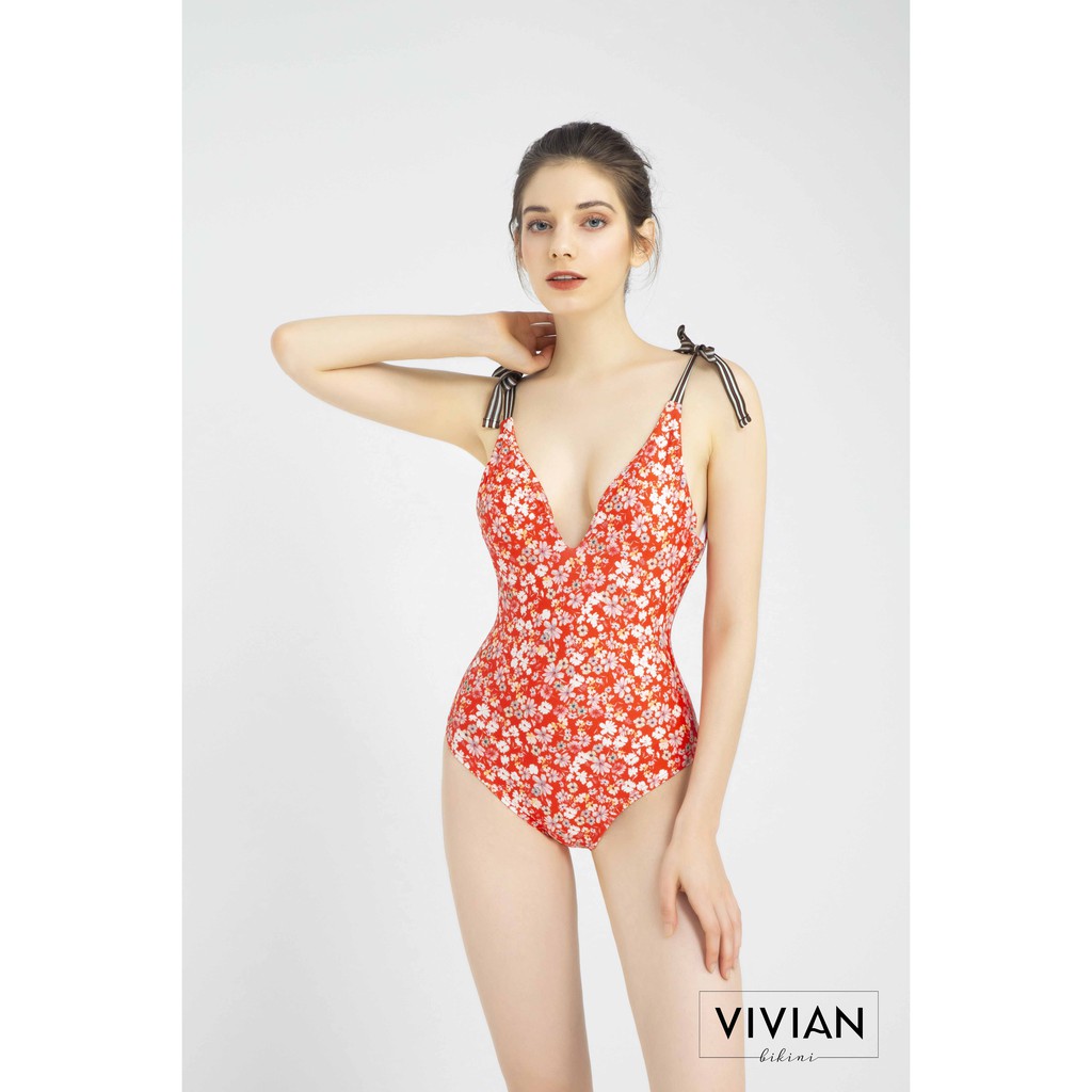 Đồ bơi Nữ VIVIAN kiểu Một mảnh cổ V, vai nơ - màu Đỏ - VS131_RD